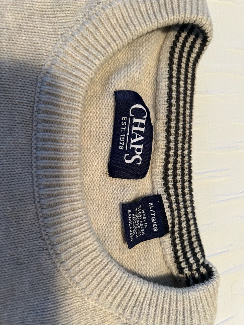Chaps Men's Ivory Crewneck Sweater with Black Stripe Trim